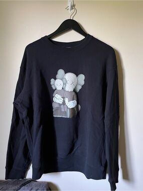 Uniqlo x KAWS Black Crewneck Sweatshirt with Gray Plush Character Graphic